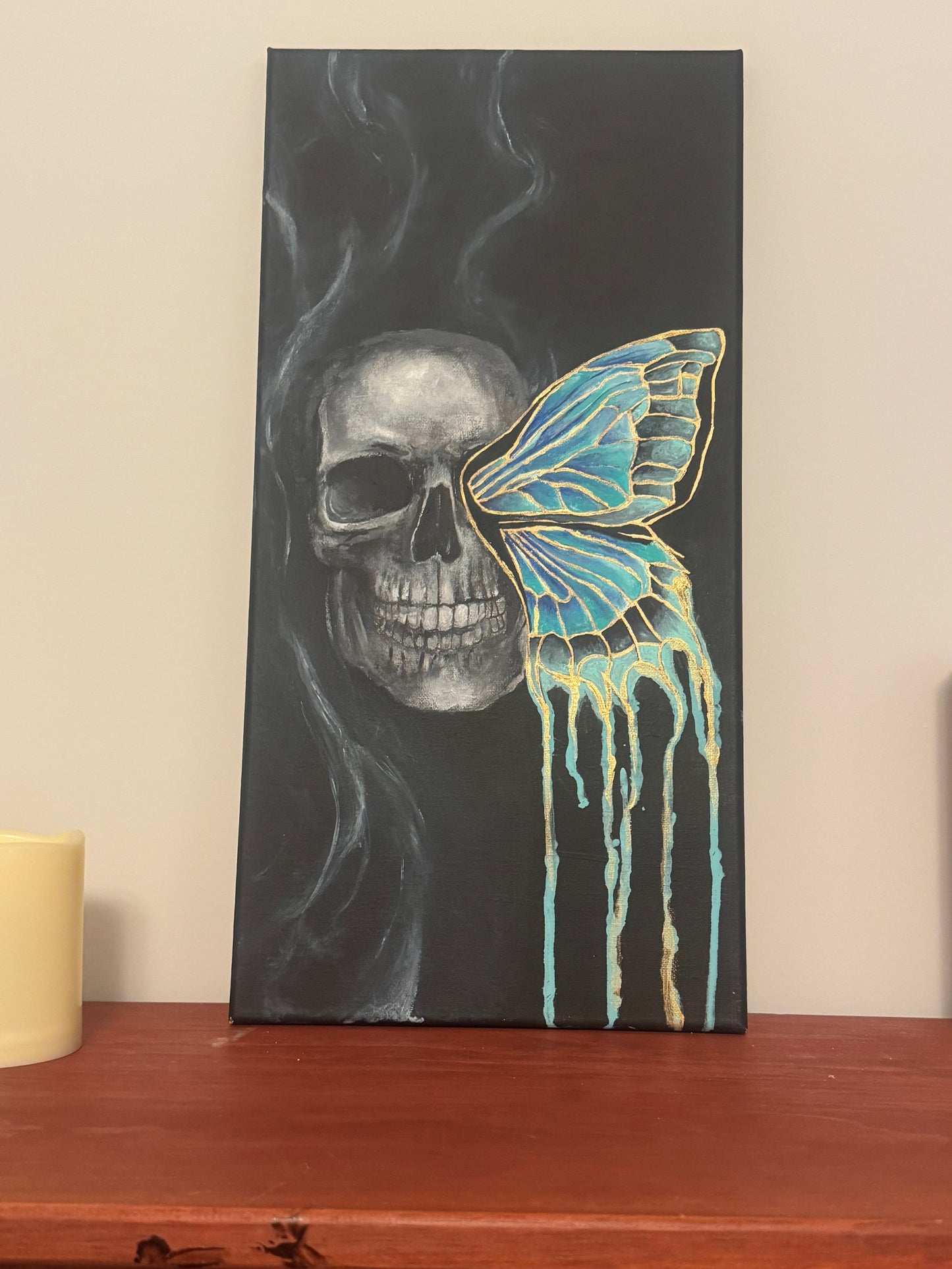 Original Skull & Butterfly Acrylic Painting | 10” x 20”