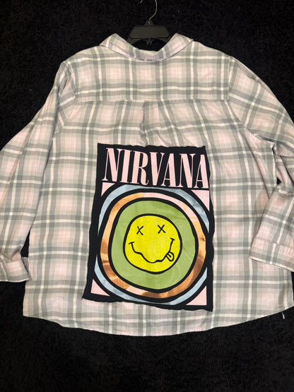 Nirvana Upcycled Flannel | One-of-a-Kind Band Overshirt | Women’s 1XL