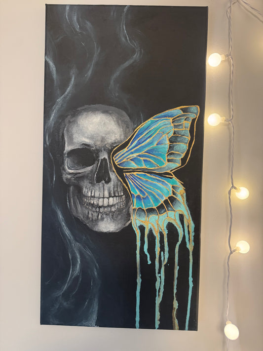 Original Skull & Butterfly Acrylic Painting | 10” x 20”