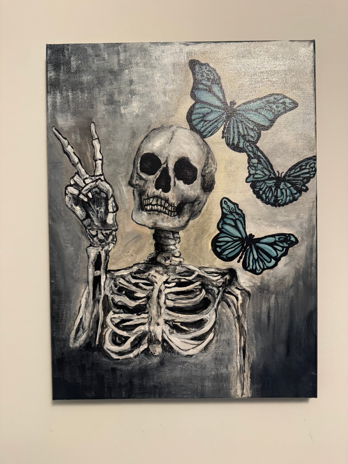Original Skeleton & Blue Butterfly Painting | 12x16 Acrylic Canvas | Peace Sign Gothic Wall Art