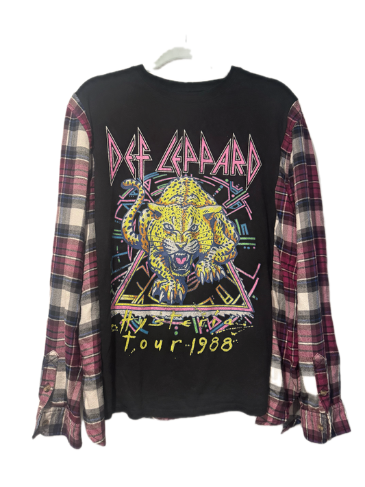 Upcycled Def Leppard Plaid Sleeve Graphic Top – 20.5” P2P