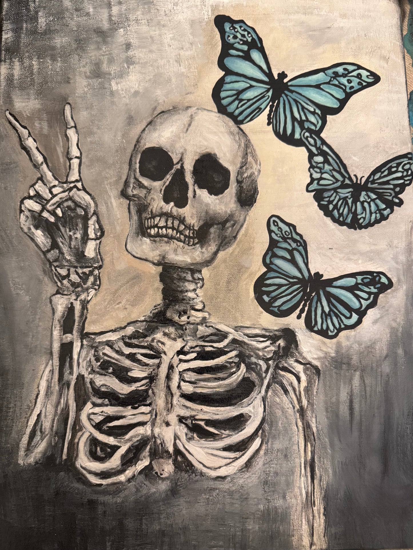 Original Skeleton & Blue Butterfly Painting | 12x16 Acrylic Canvas | Peace Sign Gothic Wall Art