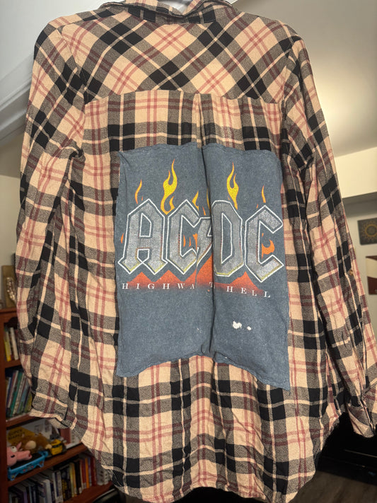AC/DC Upcycled Flannel | Highway to Hell One-of-a-Kind Overshirt | Women’s Large