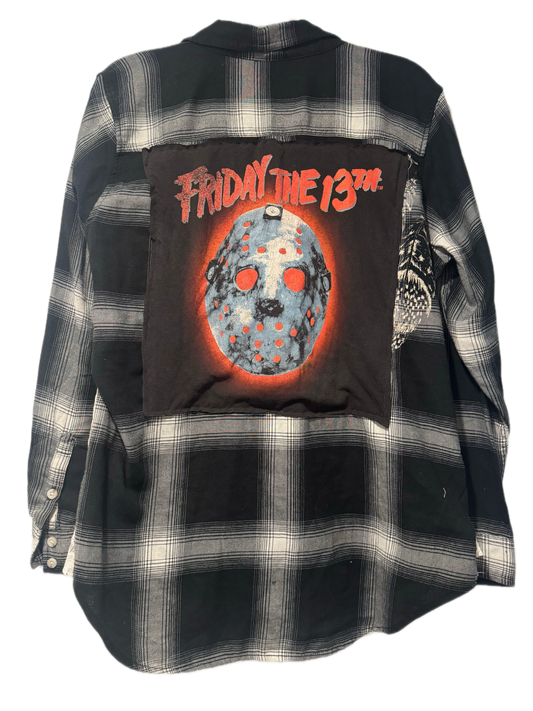 Upcycled Friday the 13th Jason Plaid Lace Flannel – Size L